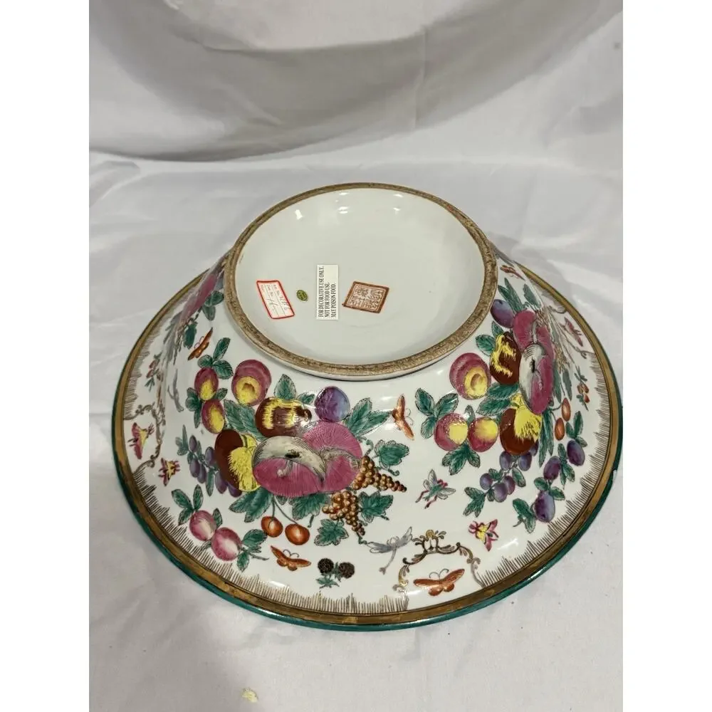 Large Chinese Famille Rose Decorative Porcelain Fruit & ButterflyBowl with Stand
